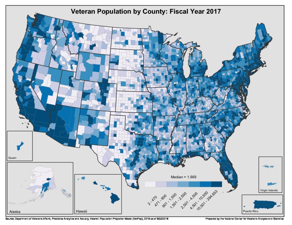 Map of Veteran Population By County FY2017